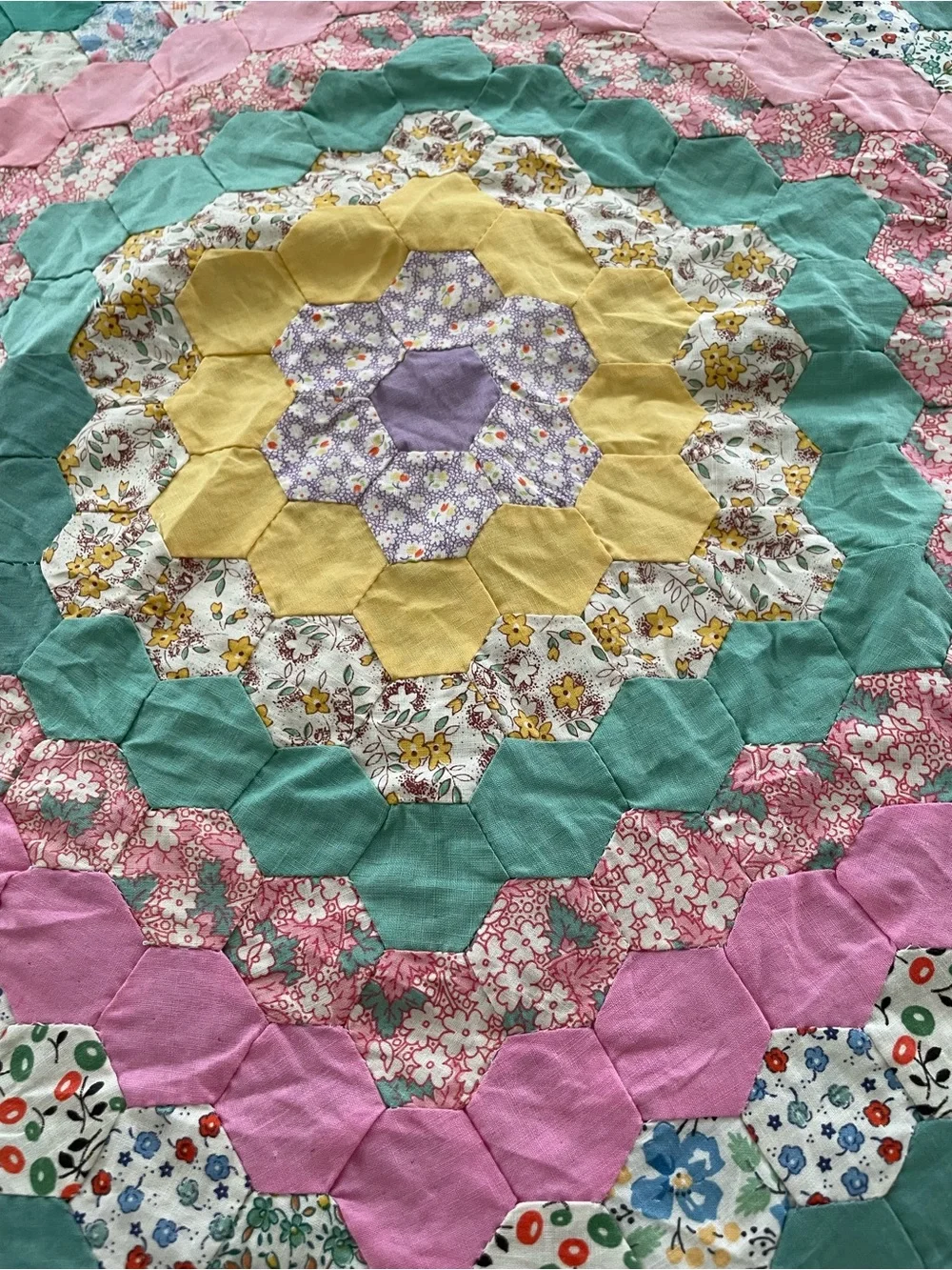 Handmade Pastel Hexagon Patchwork Throw - Pink, Yellow, Green, Cream
